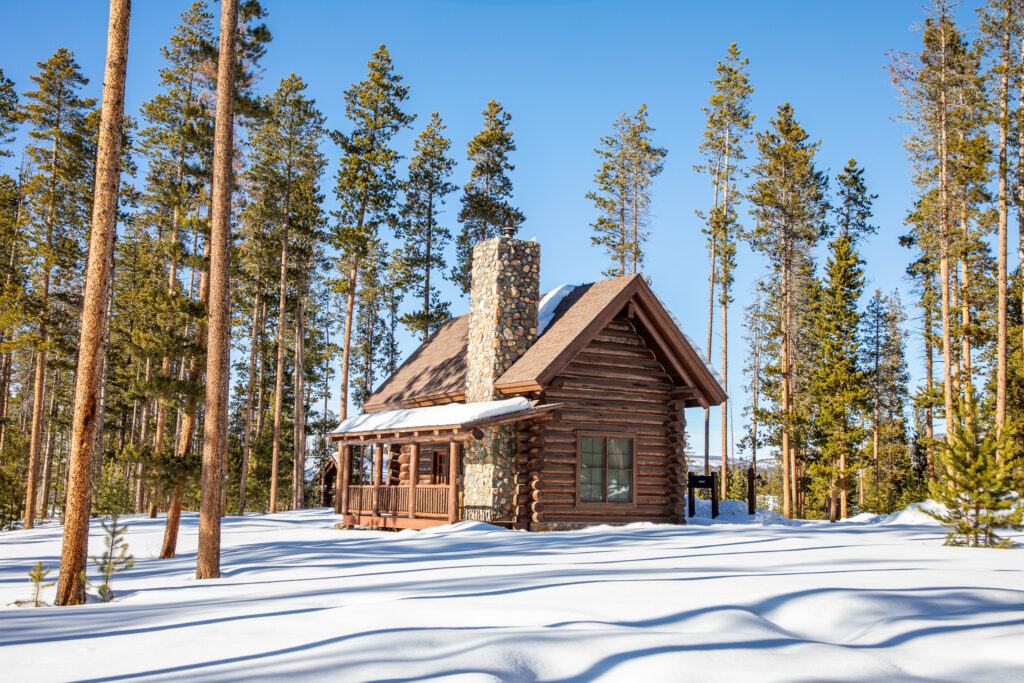 A cabin sits in between trees in a winter landscape.